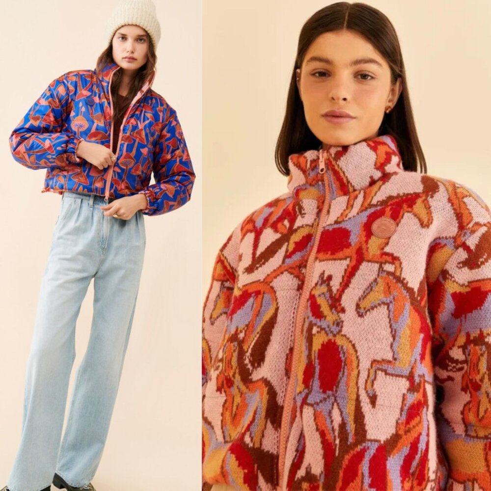 Farm Rio Wild Horses Tricot Puffer Jacket Reversible Mushroom Multicolor Size XS - Picture 1 of 12